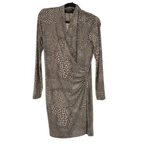 Norma Kamali Wrap Style Dress Size Medium Leopard Print Long Sleeve Knee Length